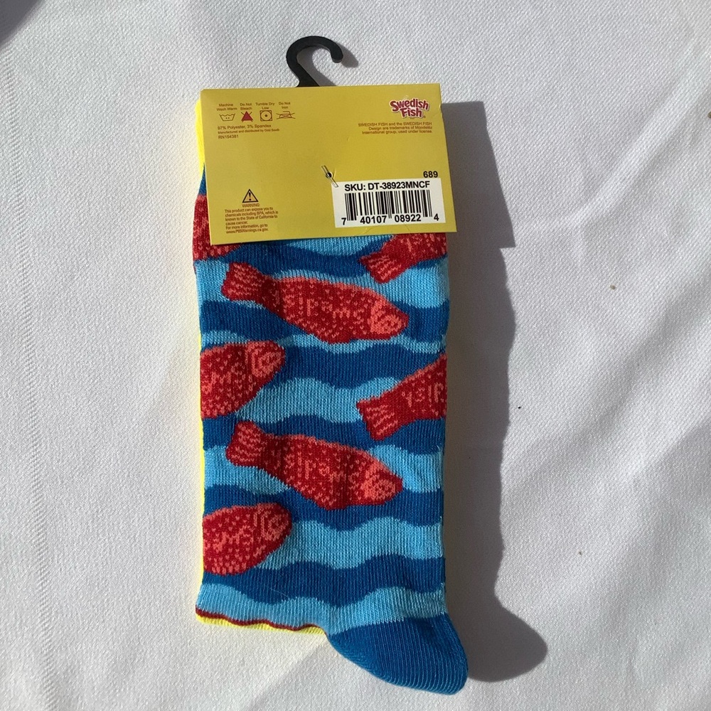 Yellow Swedish Logo and Candy Fish Swimming Print Crew Socks